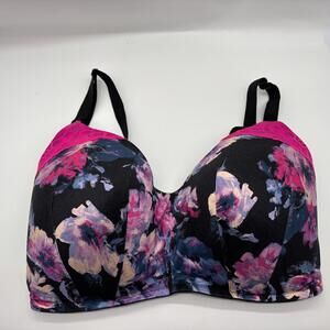 Cacique Bra Lightly Lined Full Coverage Plus Size 38H Black Floral No Wire